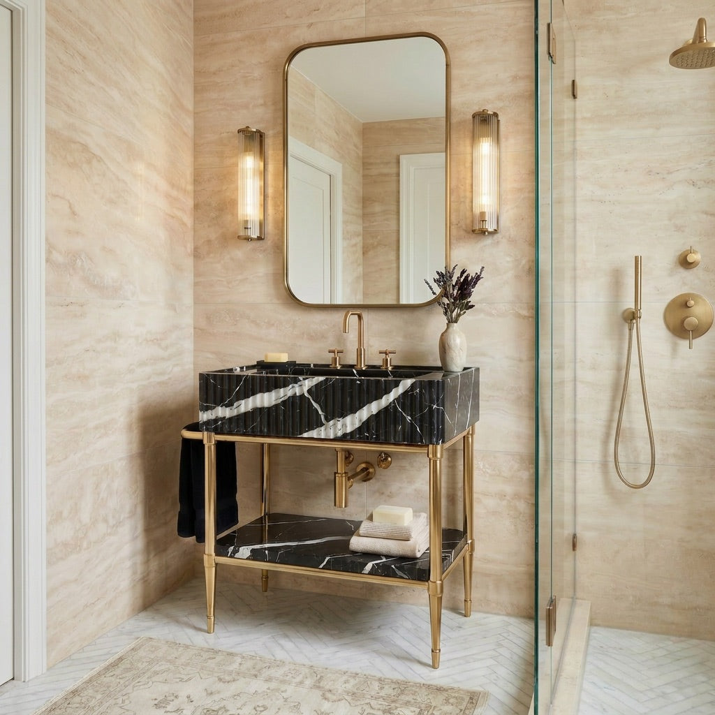 Valmont – Custom Nero Marquina Marble Sink Vanity with Solid Brass Console Legs