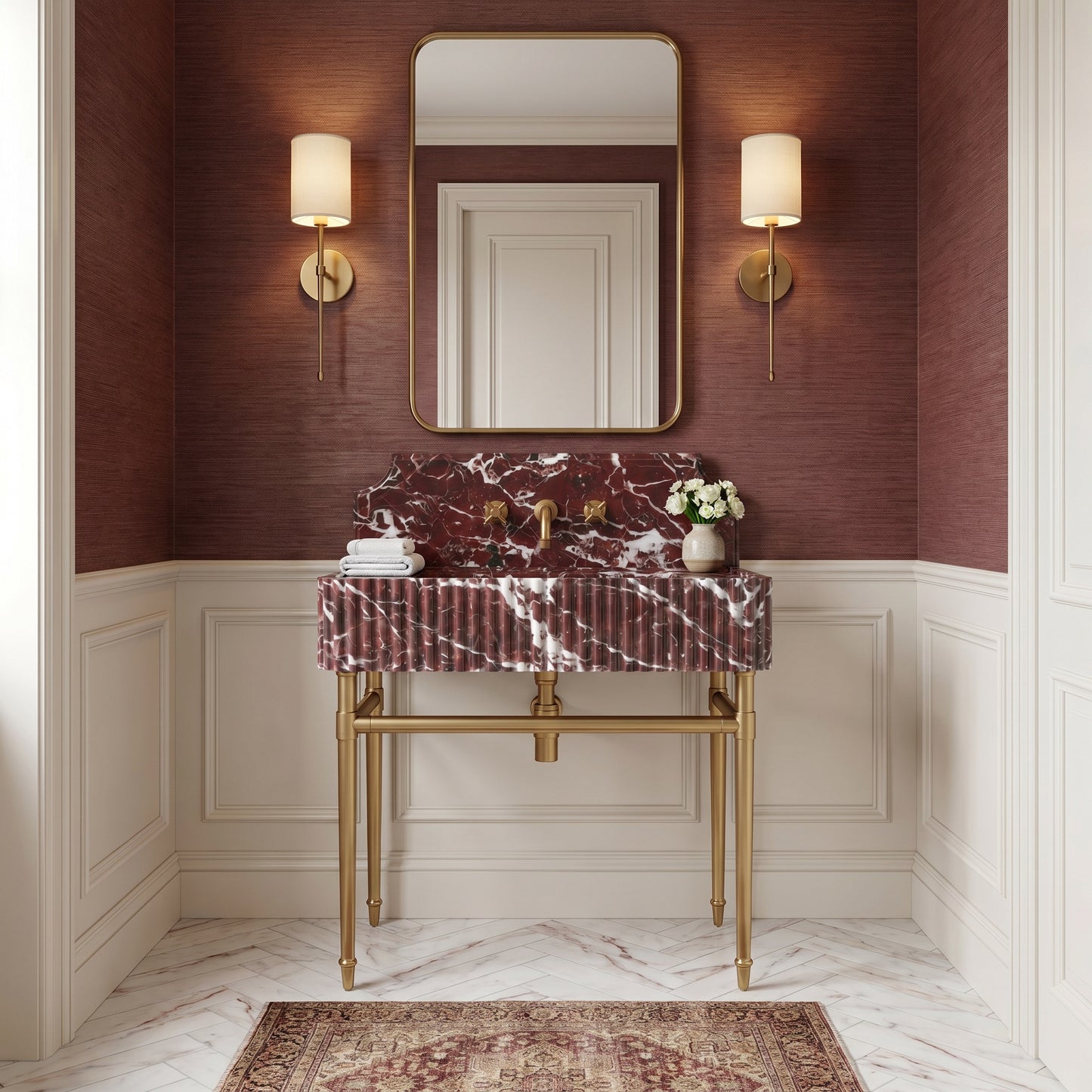 Belmonte – Custom Rosso Levanto Marble Sink Vanity with Solid Brass Console Legs