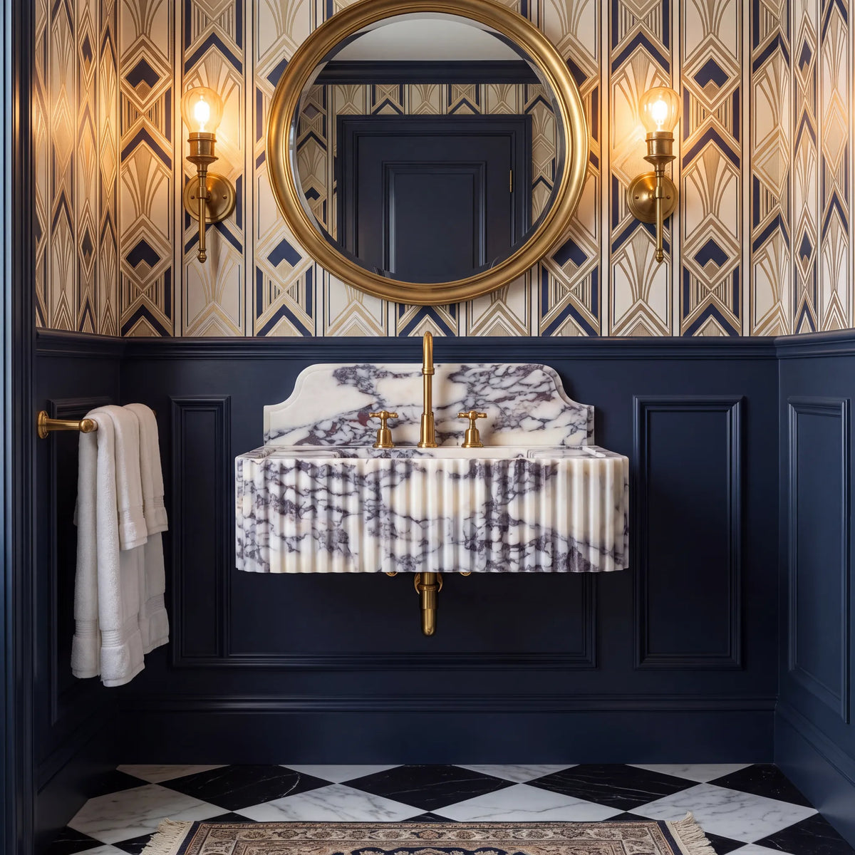 Ellora - Custom Wall-Mounted Calacatta Viola Fluted Marble Bathroom Sink