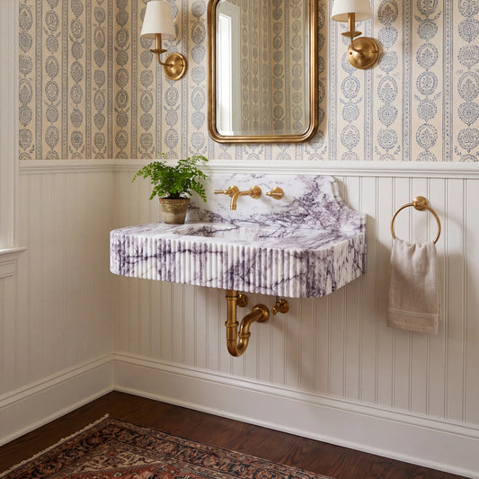 Florenza - Custom Wall-Mounted Fluted Lilac Marble Bathroom Sink with Backsplash