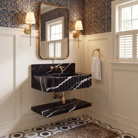 Ancona – Custom Wall-Mounted Fluted Nero Marquina Marble Bathroom Sink with Floating Shelf