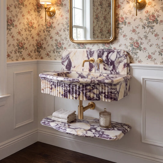 Marcella Custom Wall-Mounted Fluted Calacatta Viola Marble Bathroom Sink with Shelf