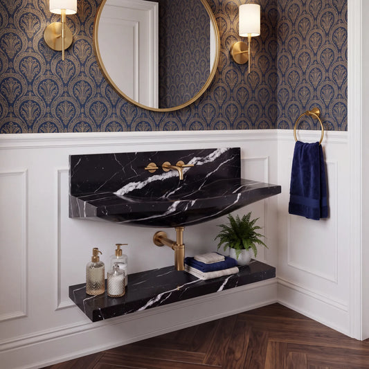 Positano – Custom Wall-Mounted Nero Marquina Marble Bathroom Sink with Floating Shelf