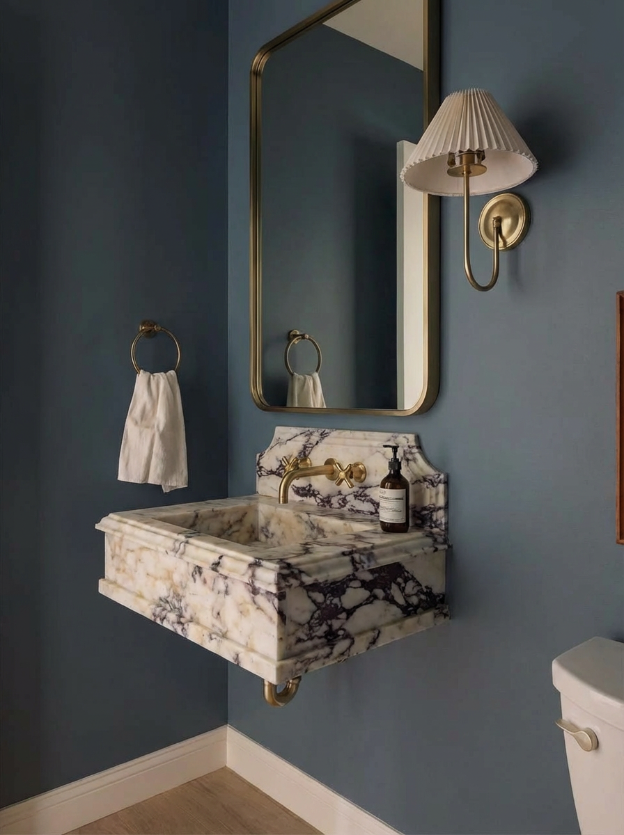 30’’ Calacatta Viola Marble Sink – Wall Mounted Floating Vanity – Luxury Bathroom Sink Handmade