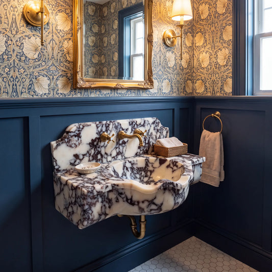Ondeo - Custom Wall-Mounted Sculpted Calacatta Viola Marble Bathroom Sink with Backsplash
