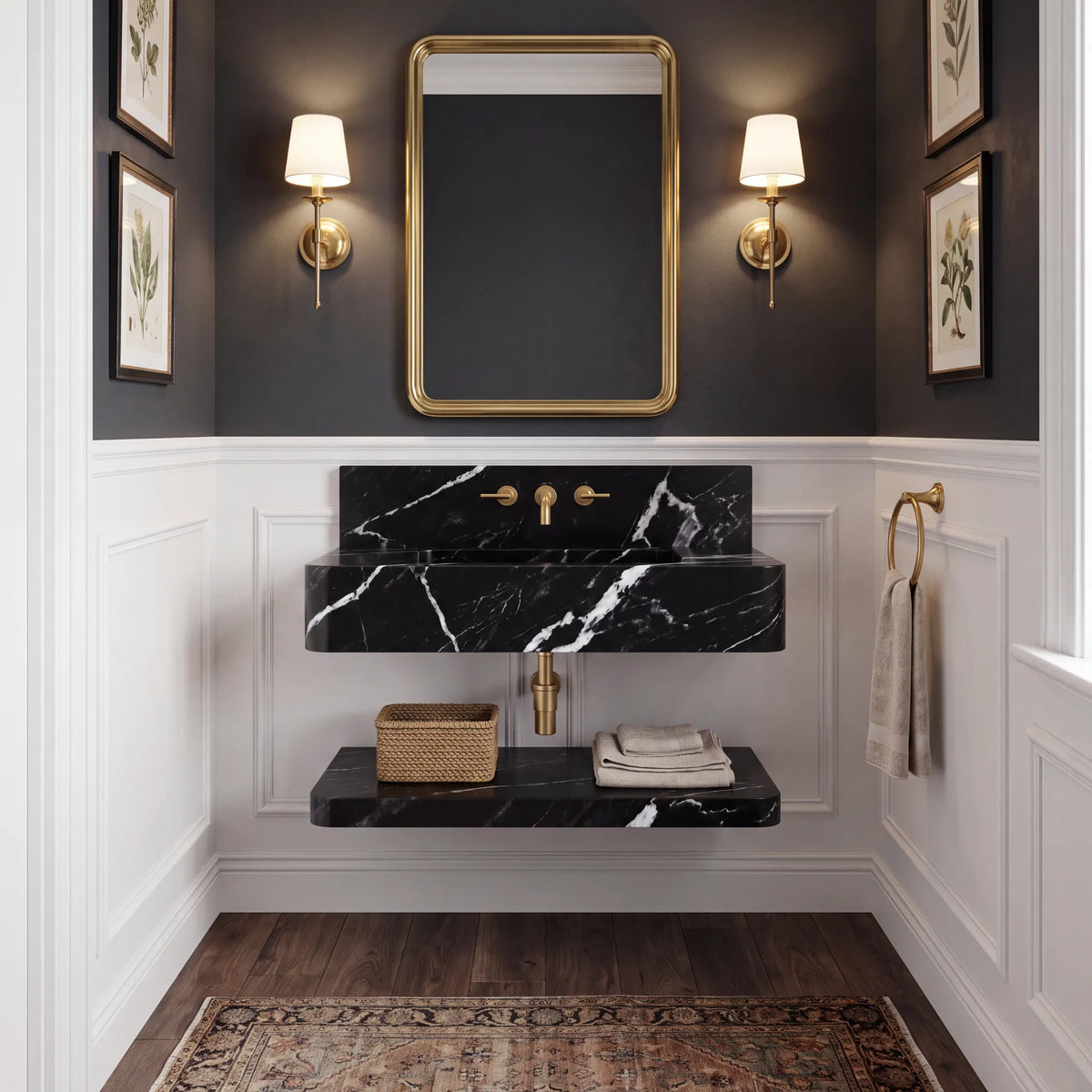 Sorano – Custom Wall-Mounted Nero Marquina Marble Bathroom Sink with Floating Shelf