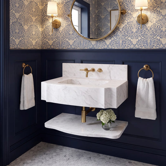 Arizona – Custom Wall-Mounted Carrara White Marble Bathroom Sink with Backsplash & Floating Shelf