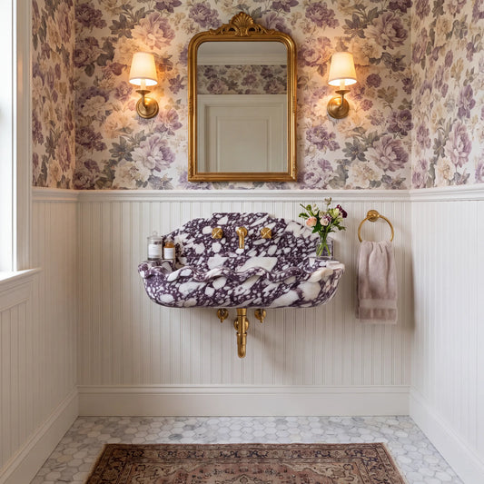 Velmont- Custom Wall-Mounted Calacatta Viola Wave Front Marble Bathroom Sink
