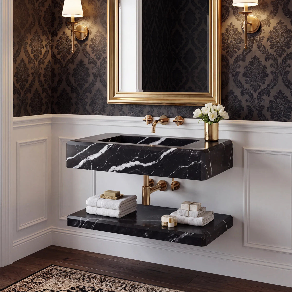 Vittoria – Custom Wall-Mounted Nero Marquina Marble Bathroom Sink with Floating Shelf
