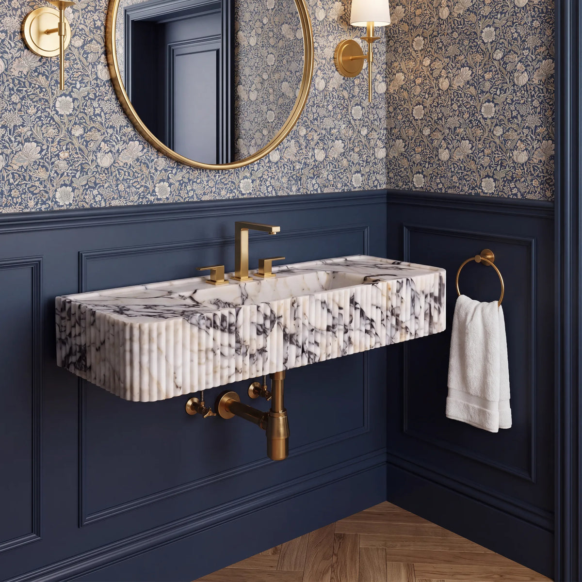 Aurelio - Custom Wall-Mounted Fluted Calacatta Viola Marble Bathroom Sink