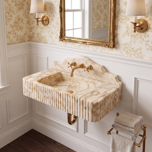 Aurenza Custom Wall-Mounted Fluted Calacatta Gold Marble Bathroom Sink with Backsplash