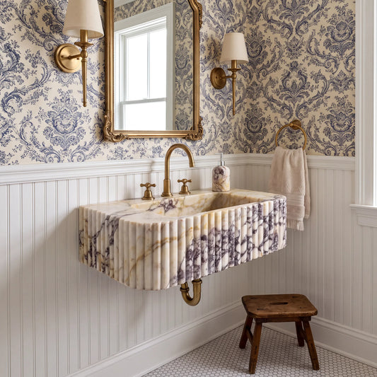 Aurivo - Custom Wall-Mounted Fluted Calacatta Viola Marble Bathroom Sink