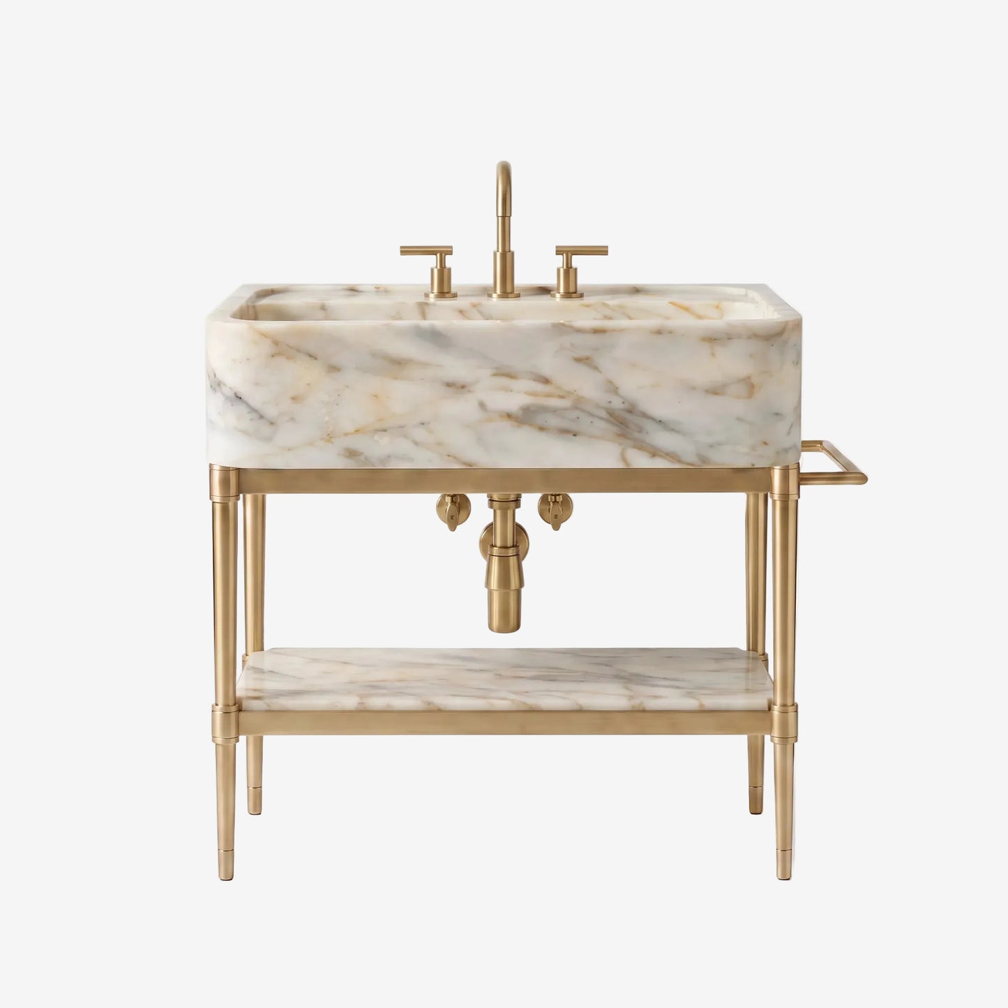 A freestanding bathroom vanity with a rectangular white marble sink featuring gray veining, a matching marble lower shelf, and a gold-finished metal frame, faucet, and plumbing hardware, shown on a light gray background.