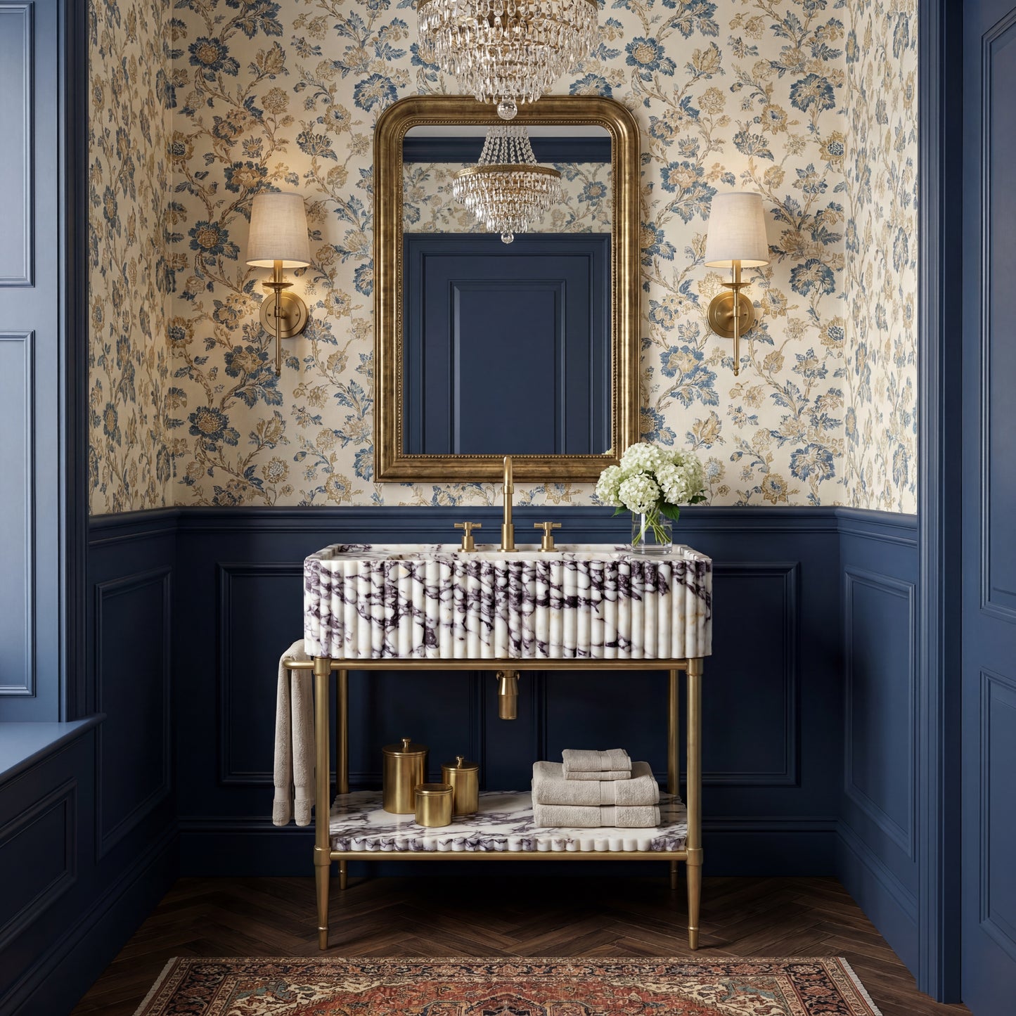Aynur - Custom Calacatta Viola Marble Console Sink with Brass Legs