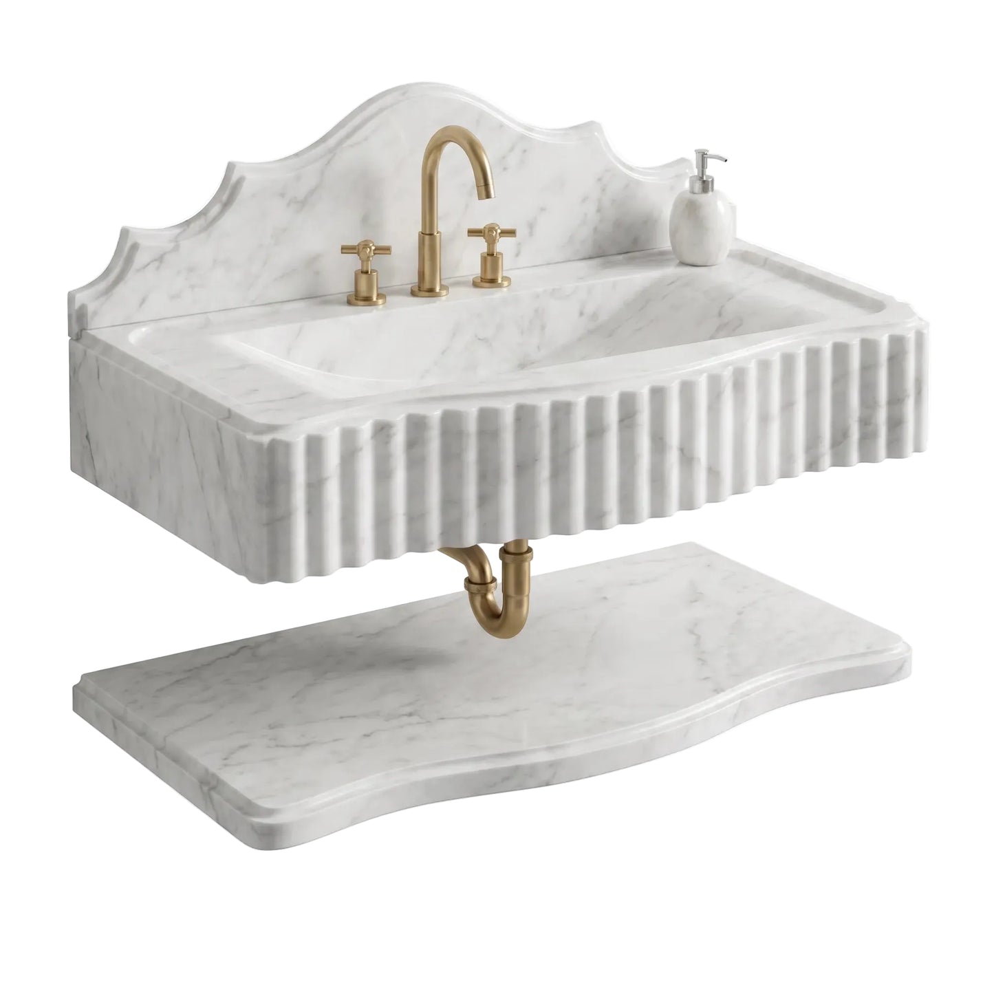 Avelis Custom Wall-Mounted Fluted Carrara Marble Bathroom Sink with Backsplash