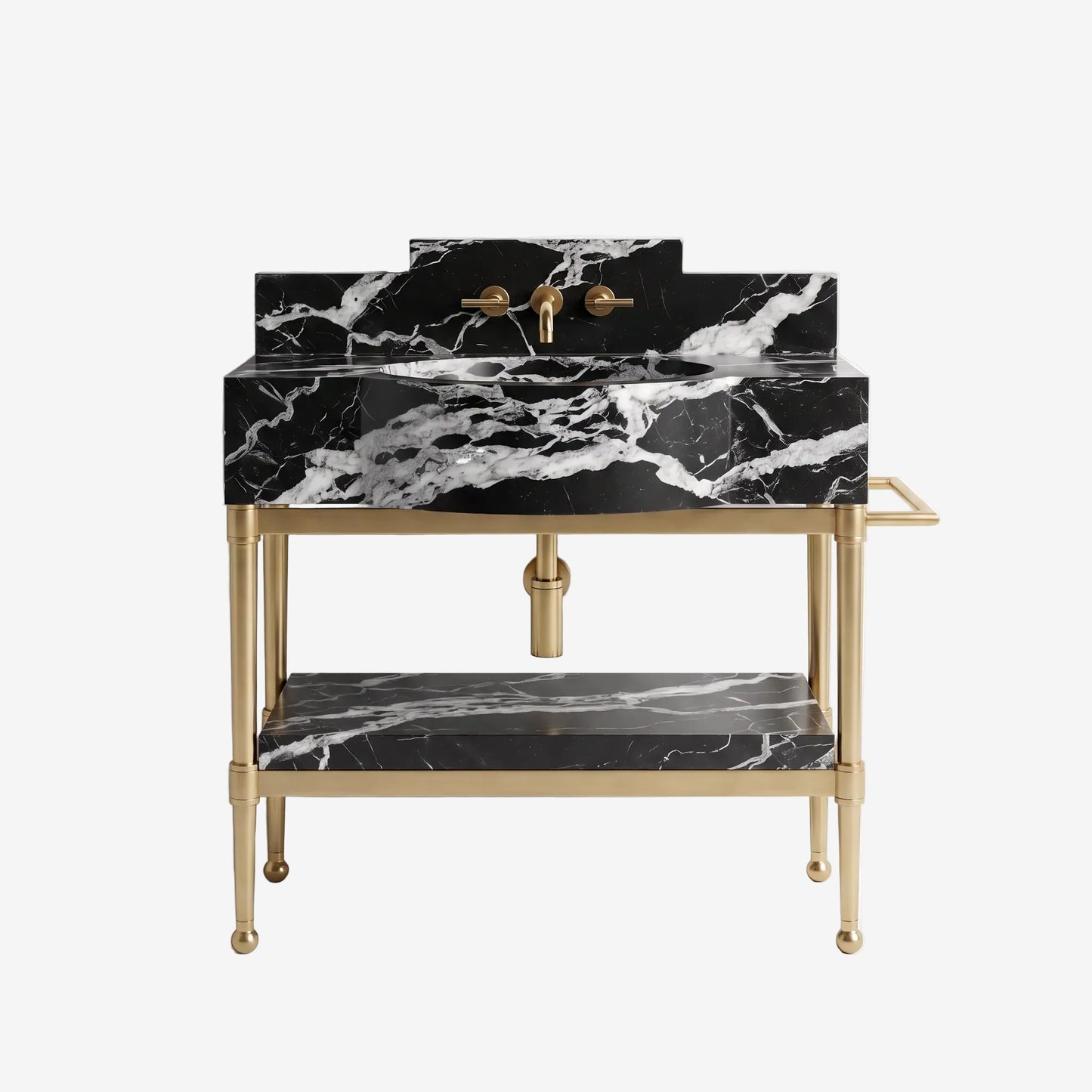 A modern bathroom vanity with a black and white marble sink top and matching lower shelf, supported by a gold-finished metal frame with a wall-mounted faucet.