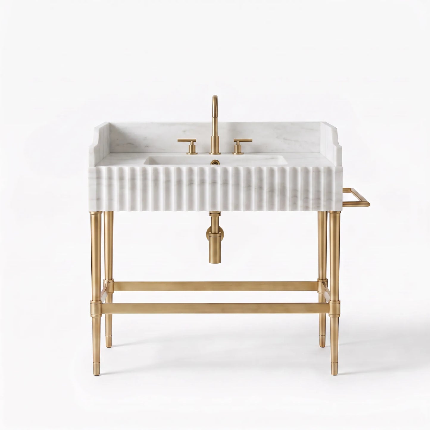 A modern freestanding bathroom vanity with a white fluted marble sink top, gold-tone metal legs and faucet, and a matching side tray, shown on a clean white background.