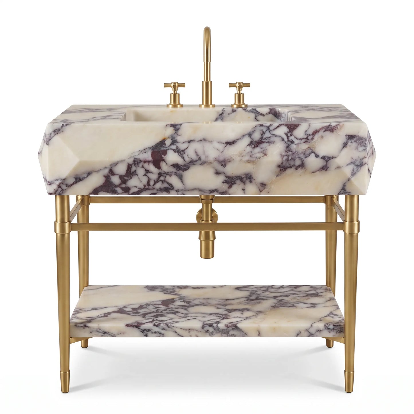 A freestanding bathroom vanity with a rectangular marble sink and matching marble shelf, supported by a gold-finished metal frame with a tall faucet and two separate hot and cold handles.