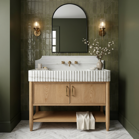 Custom Carrara marble bathroom vanity with fluted sink and oak cabinet in luxury bathroom interior