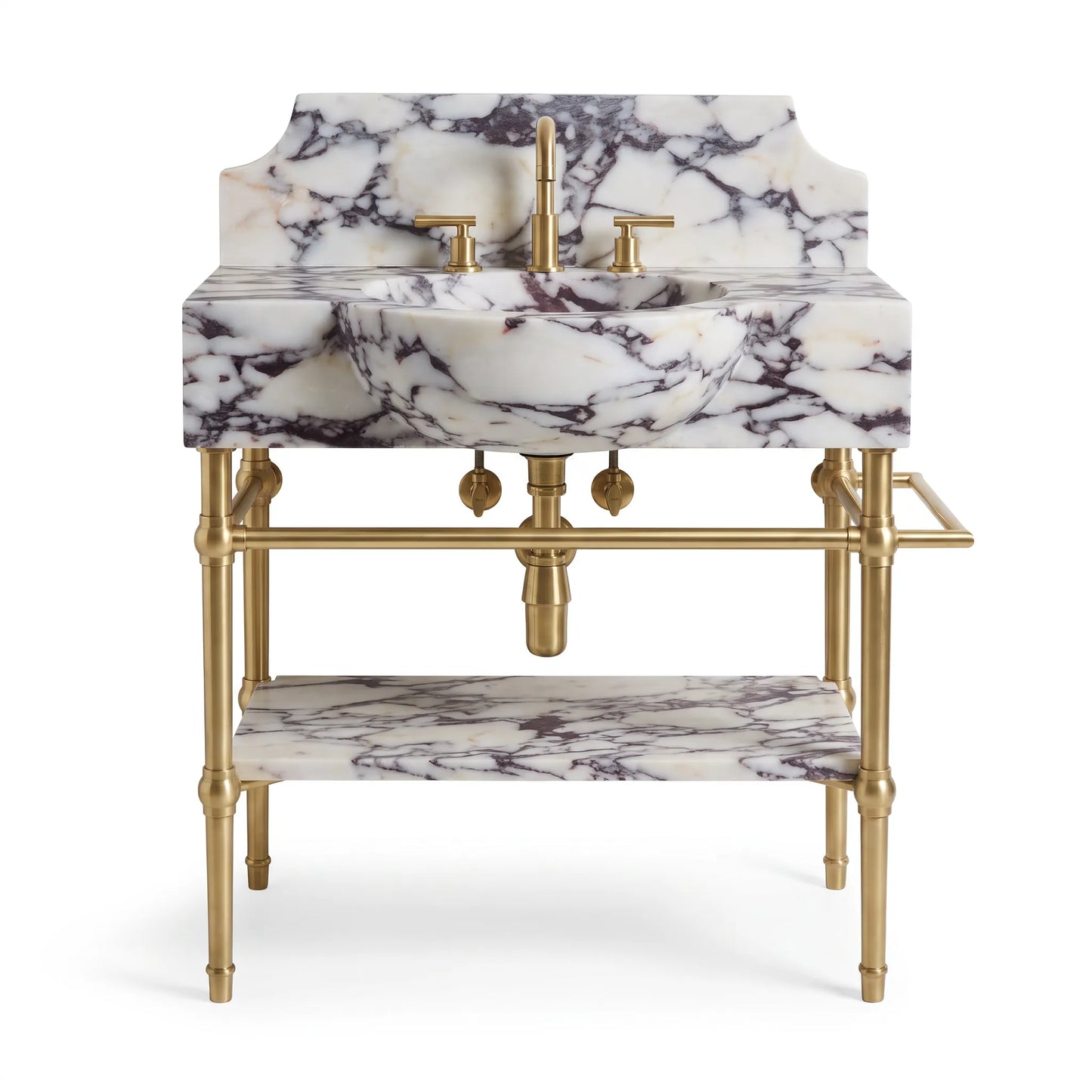 A vintage-style bathroom vanity featuring a white marble sink and matching marble shelf with dramatic dark veining, supported by an ornate brass-finished metal frame with a central faucet and two separate hot and cold handles.
