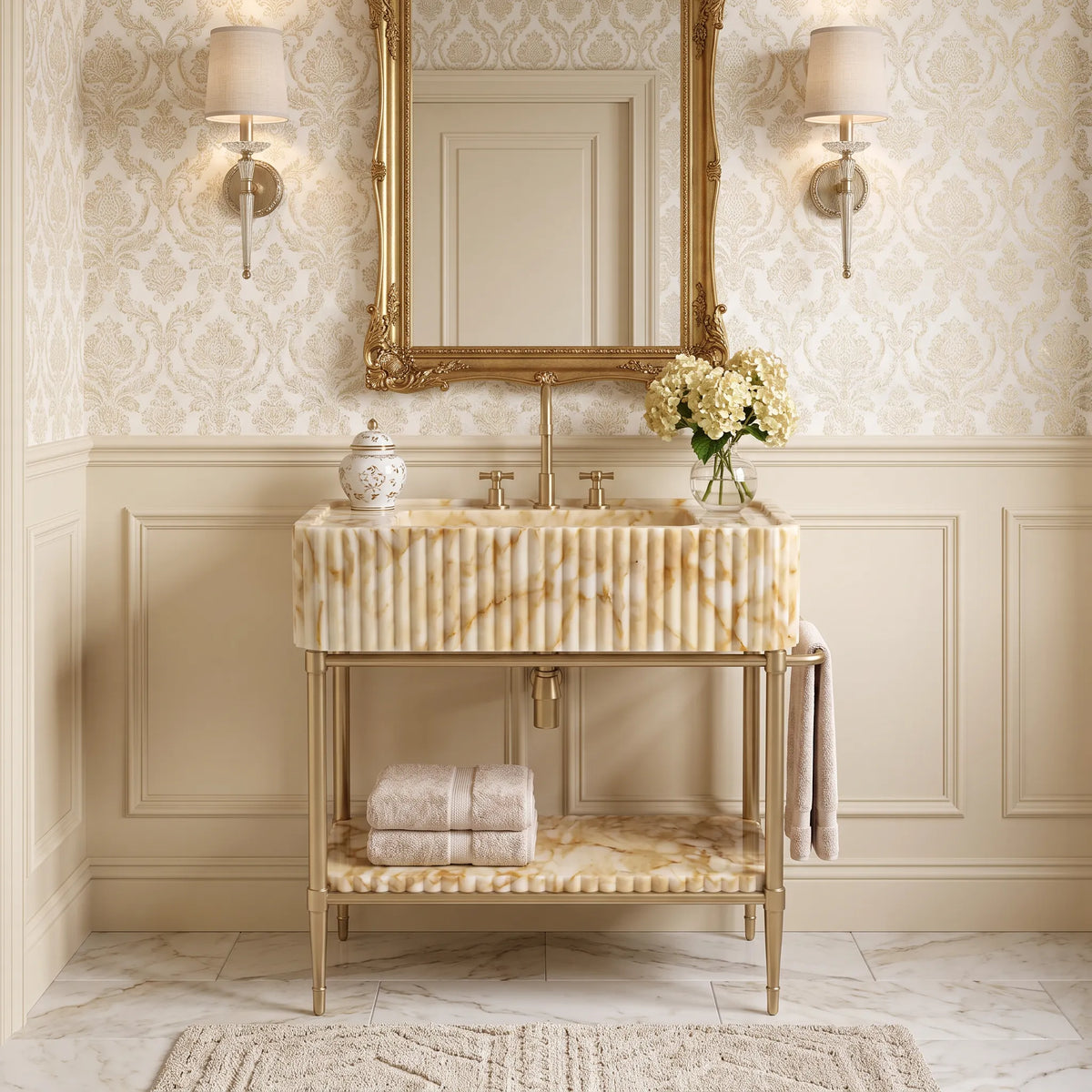 Celestia 30 inch Calacatta Gold marble bathroom vanity with sink and solid brass console legs in a luxury bathroom