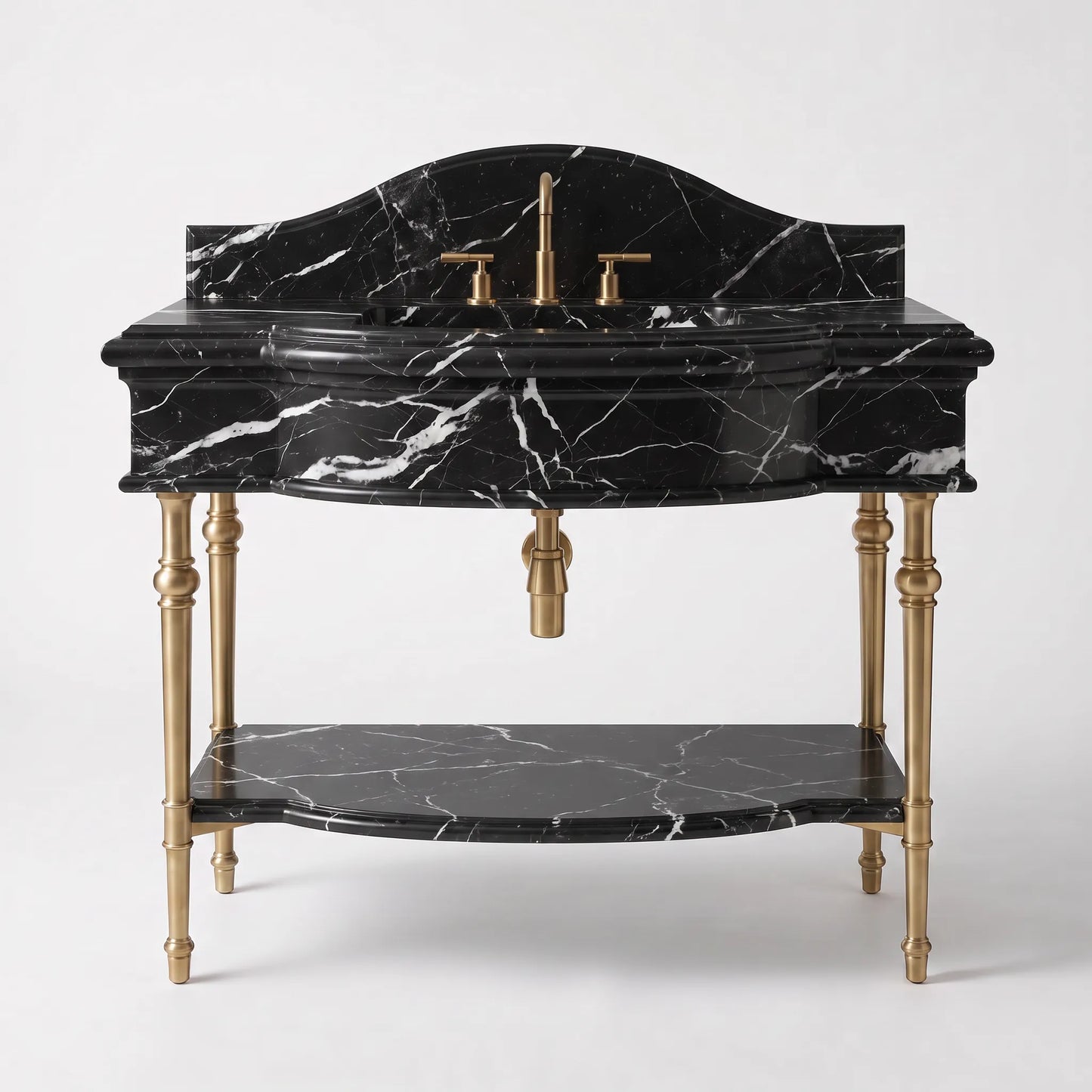 A classic-style bathroom vanity featuring a black marble sink top and matching lower shelf, supported by ornate gold-tone legs and accented with a gold faucet and handles, set against a light gray background.
