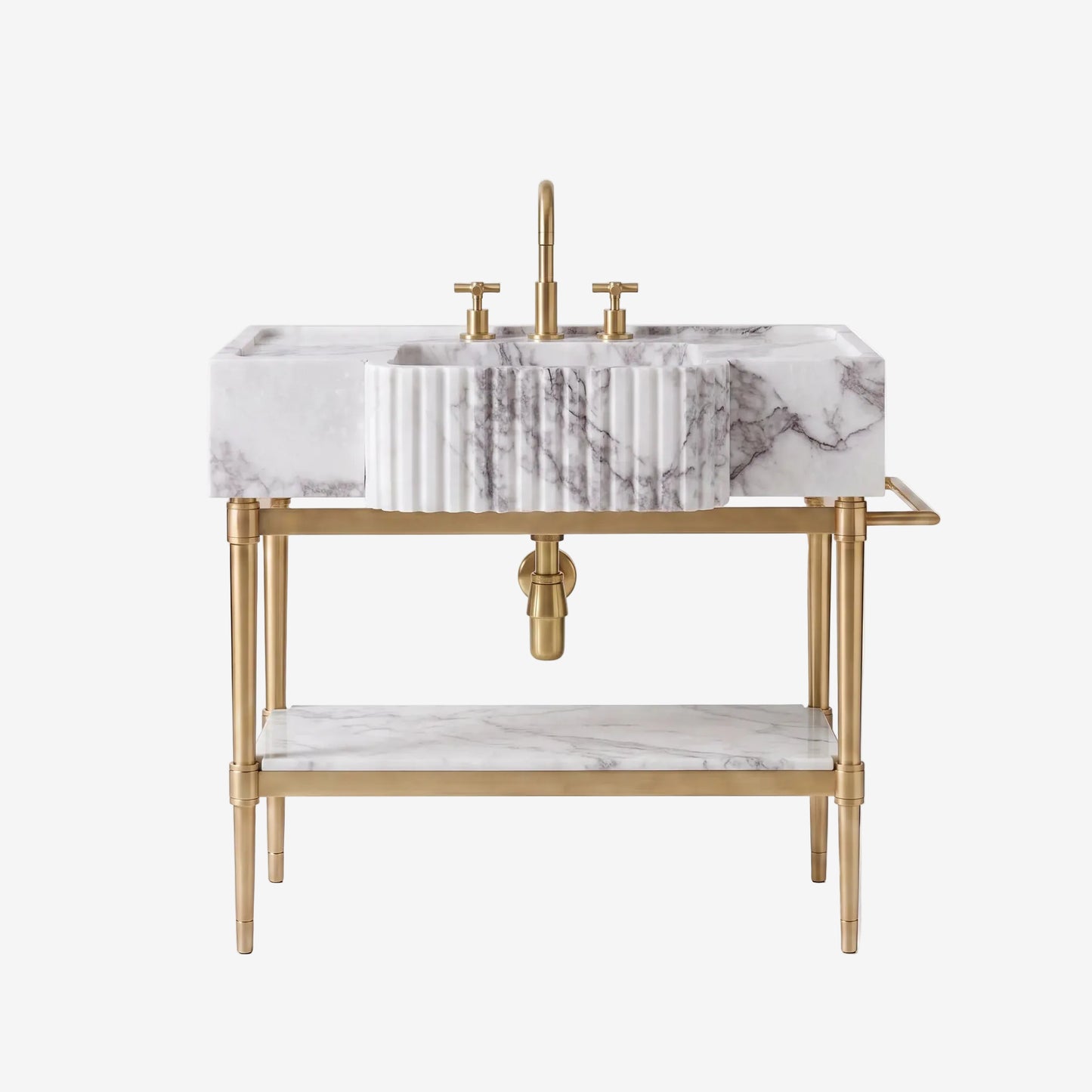 A modern bathroom vanity featuring a rectangular white marble sink with gray veining, a fluted front, a matching marble shelf, and a polished gold-tone metal frame with a faucet and handles.