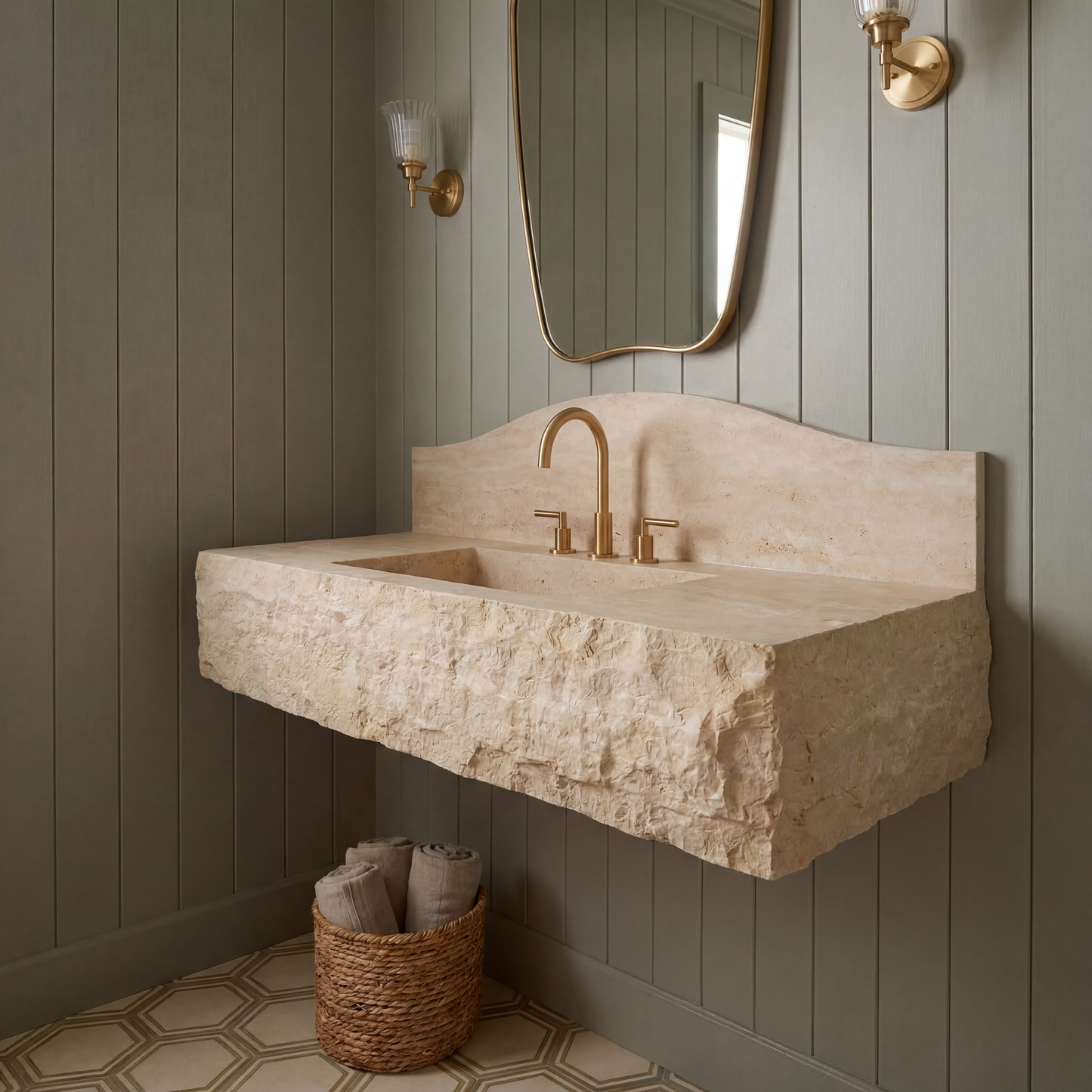 40" Travertine Marble Sink – Wall Mounted Floating Vanity