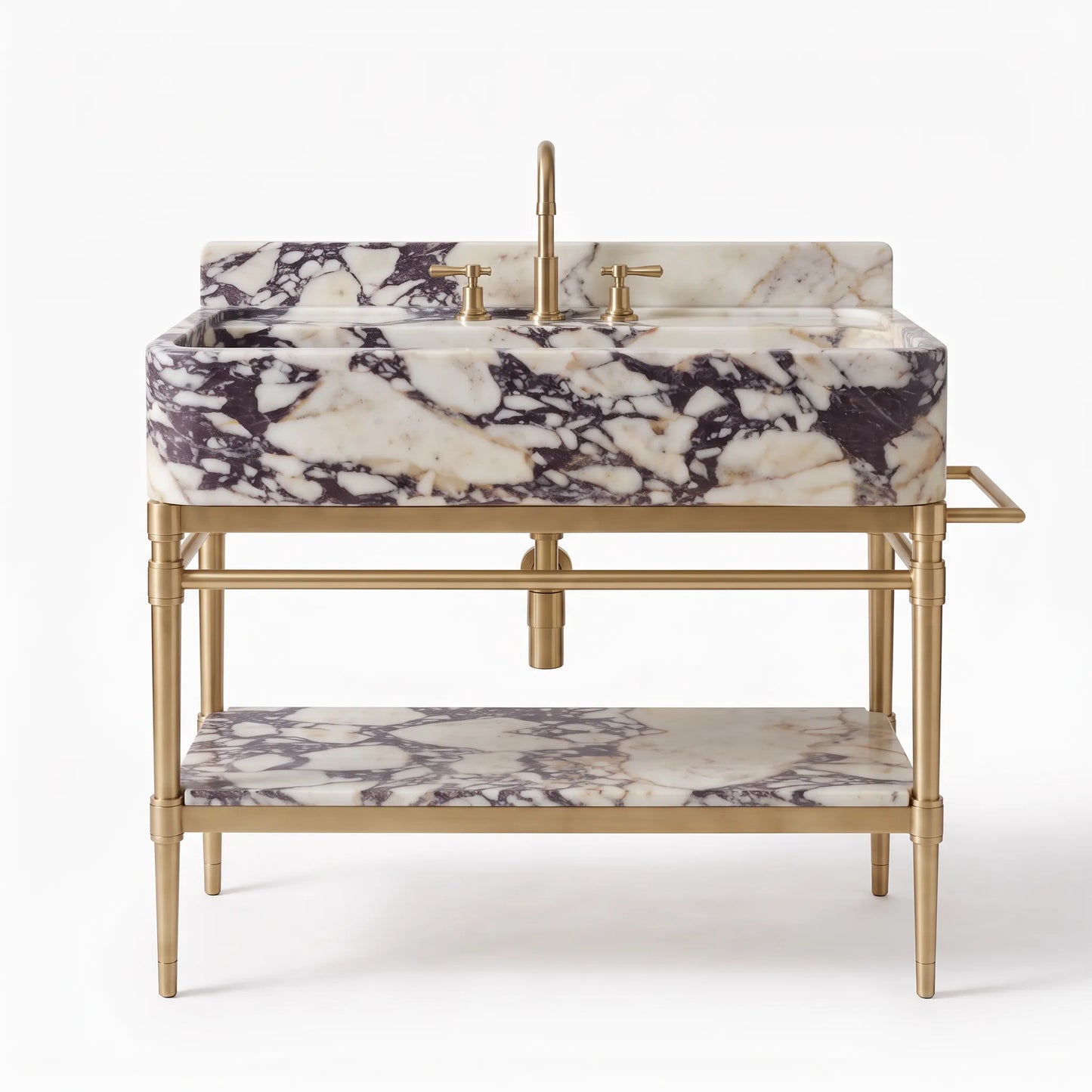 A freestanding bathroom vanity with a rectangular basin and matching shelf in white marble with dark purple veining, supported by a polished gold metal frame with a matching faucet and handles.