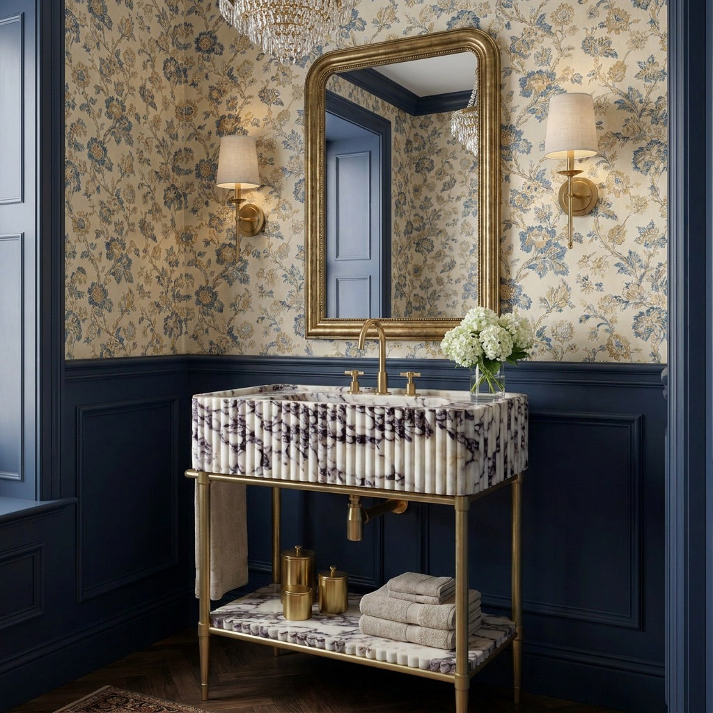 Aurelia Custom Calacatta Viola Marble Console Sink with Brass Legs