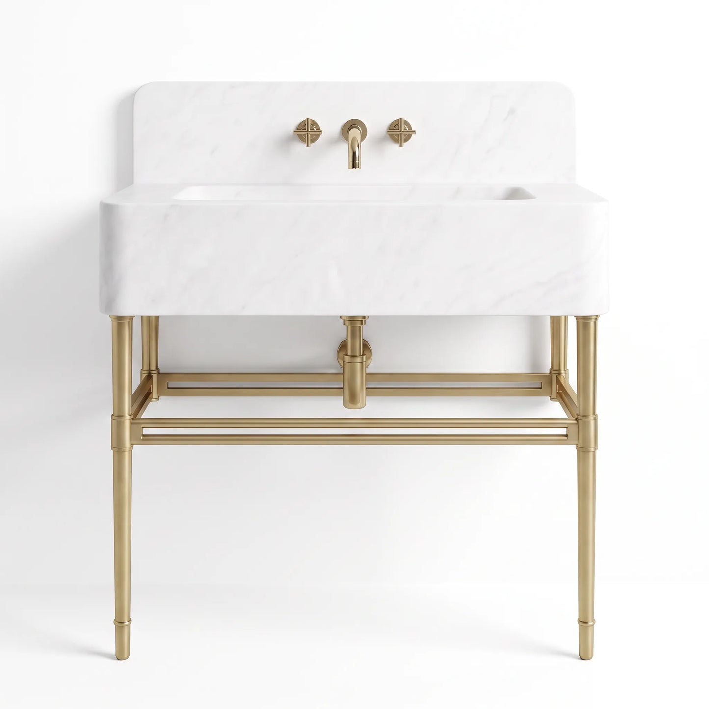 A modern farmhouse-style bathroom vanity featuring a white marble sink basin and backplate with a matte gold metal frame, legs, and faucet hardware, shown against a plain white background.
