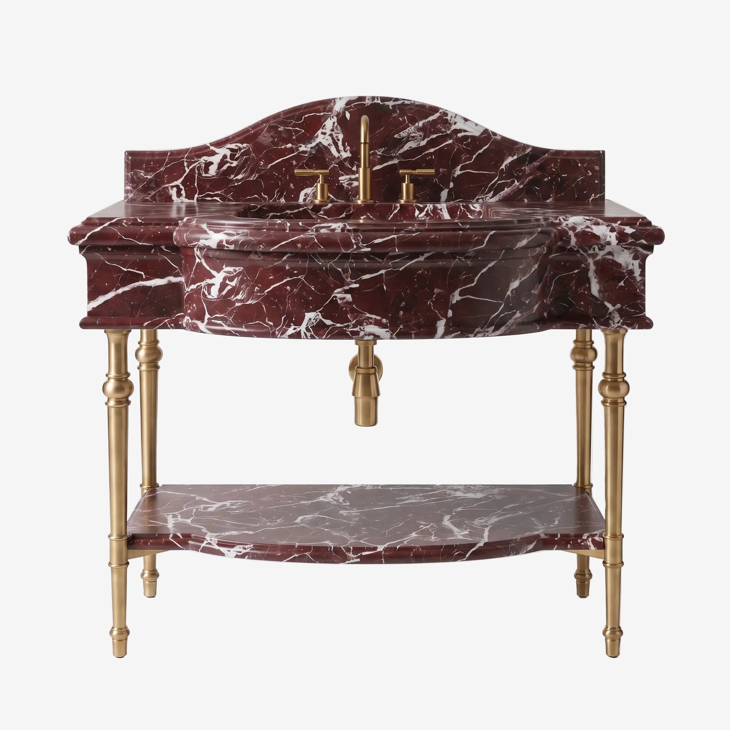 A vintage-style bathroom vanity featuring a dark red and white marble sink basin, matching marble shelf, and ornate gold-finished legs, faucet, and handles, set against a plain light gray background.