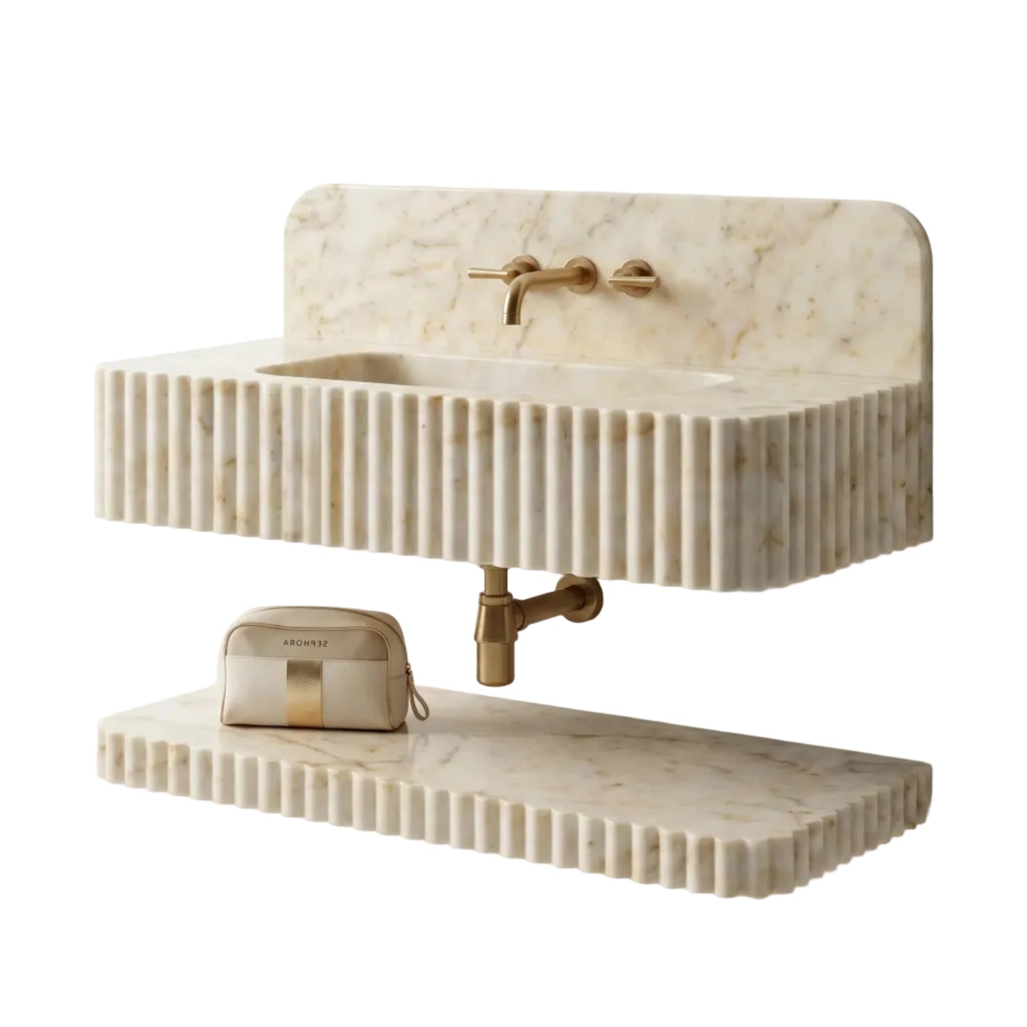 Lumero - Custom Wall-Mounted Fluted Calacatta Gold Marble Bathroom Sink with Backsplash