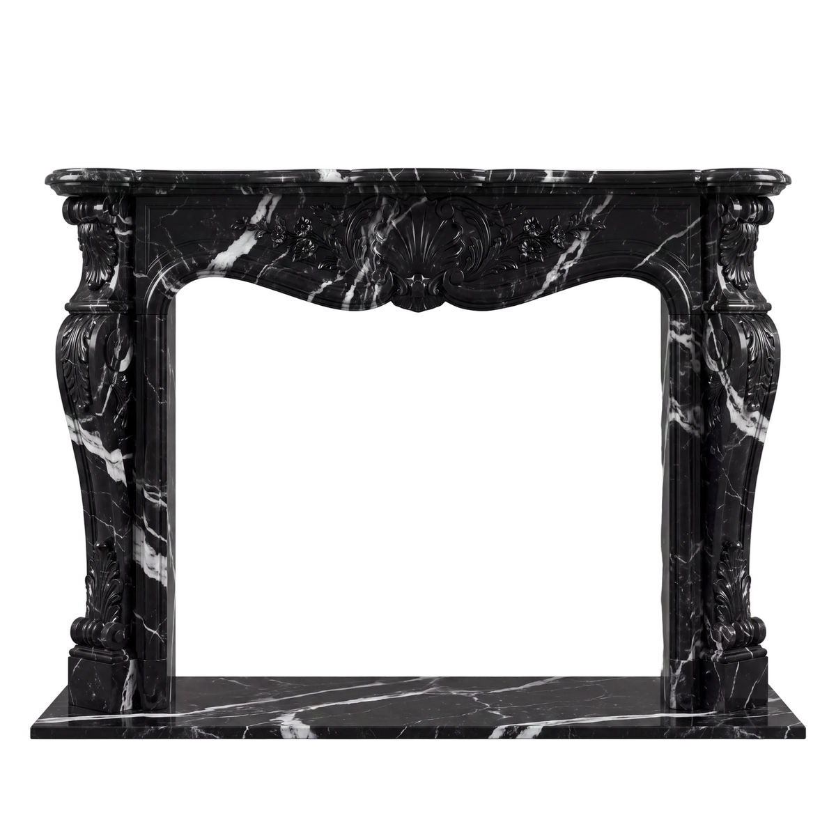 Custom Nero Marquina black marble fireplace mantel and surround with dramatic white veining, hand-carved shell centerpiece, floral motifs, acanthus leaves, and French Rococo details.
