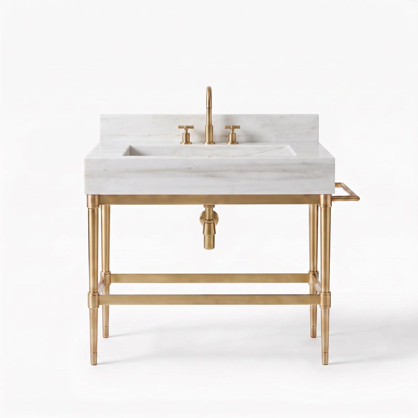 A modern bathroom vanity featuring a white marble sink top and backplate with a matte gold brass pedestal base, faucet, and handles, set against a seamless white background.