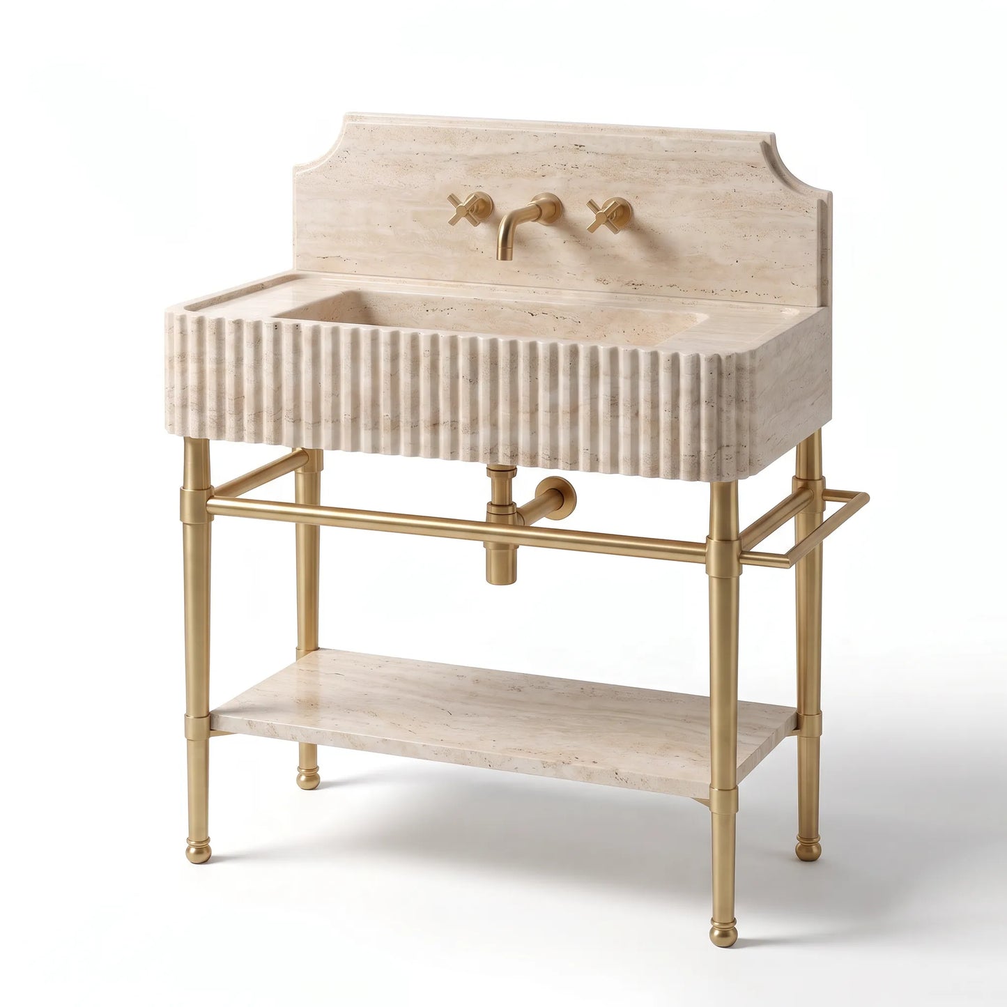 A freestanding bathroom vanity with a rectangular apron-front sink in ribbed beige stone, a matching backplate, brass faucet and plumbing, and a lower shelf on a white background.