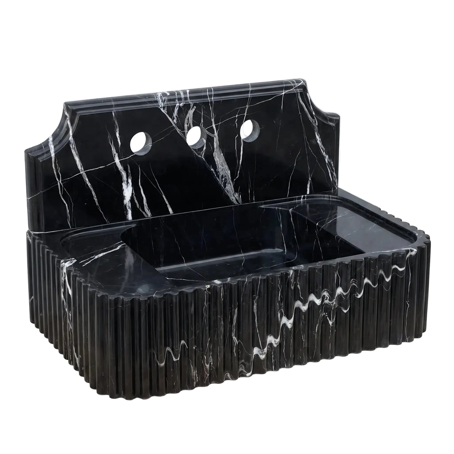 Noirva Custom Wall-Mounted Fluted Nero Marquina Marble Bathroom Sink with Backsplash