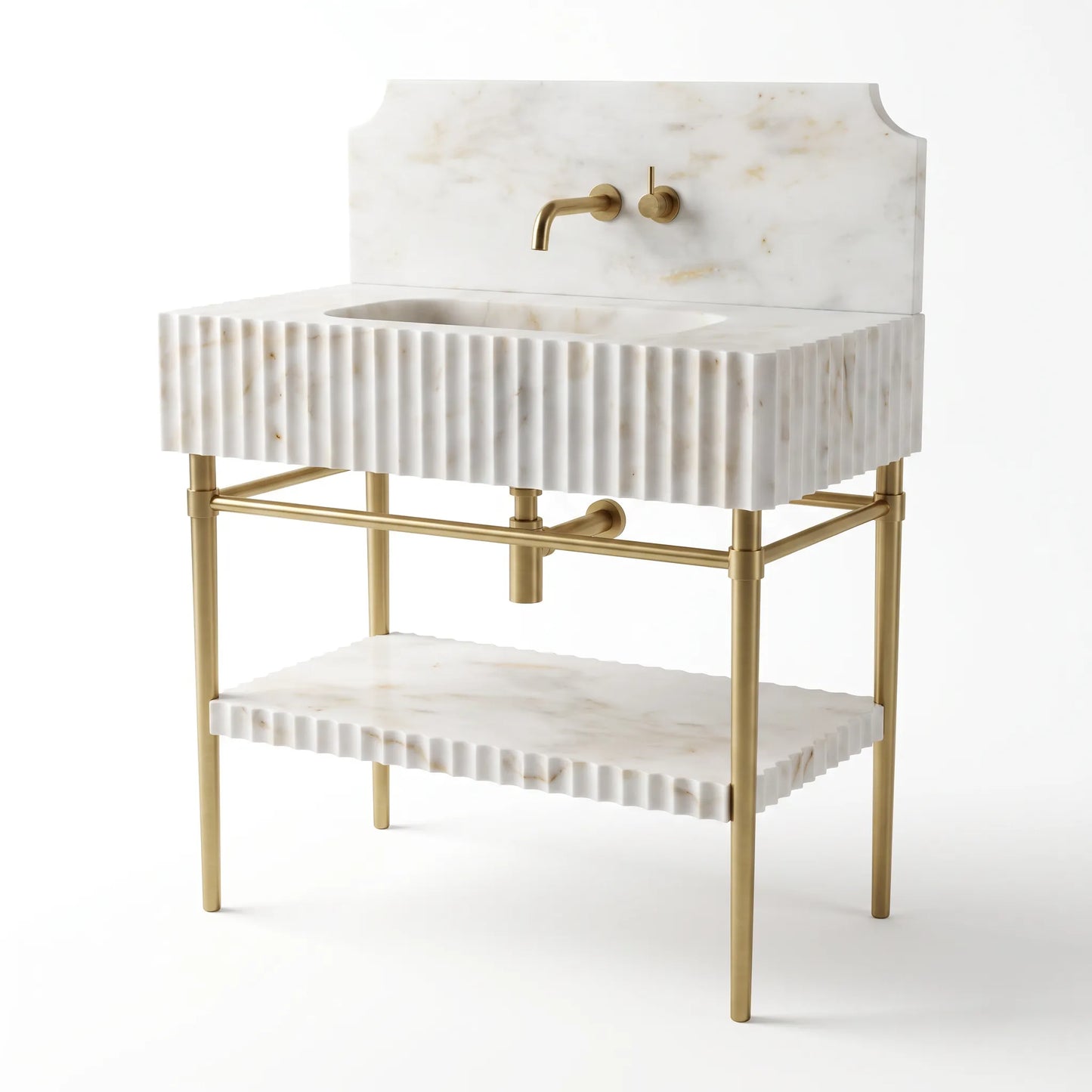A modern bathroom vanity with a white marble sink and backplate featuring vertical fluting, supported by a gold-finished metal frame with an open lower shelf.