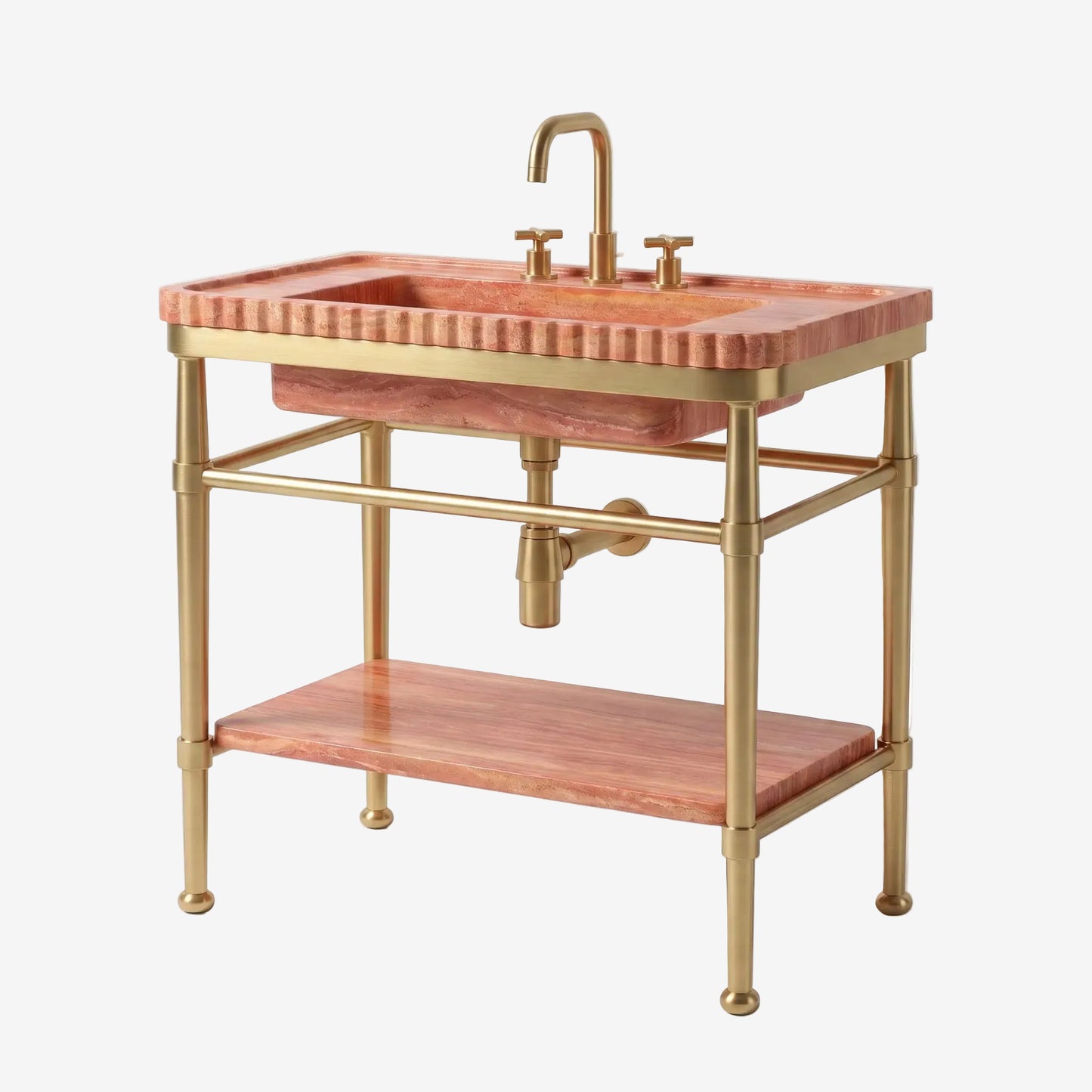 A freestanding bathroom vanity with a rectangular pink marble-look sink top, matching lower shelf, and a gold-tone metal frame with a curved faucet and two-handle fixture, shown on a light gray studio background.