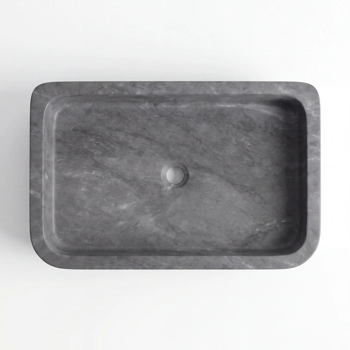 Detailed view of RMD-007 Grivora grey marble vessel sink showing distinctive natural veining
