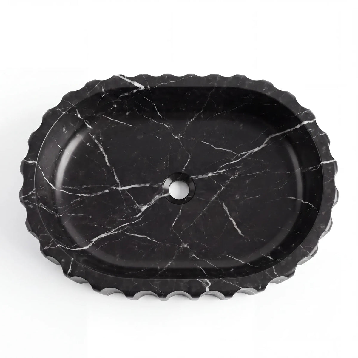 Detailed view of RMD-010 Neravena Nero Marquina marble vessel sink showing distinctive white veining