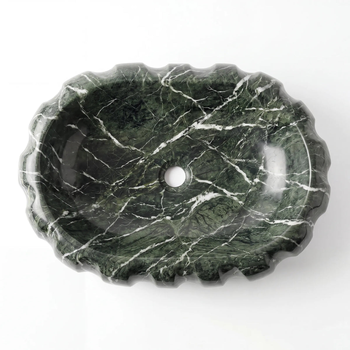 Detailed view of RMD-013 Verdalis green marble vessel sink showing distinctive natural veining