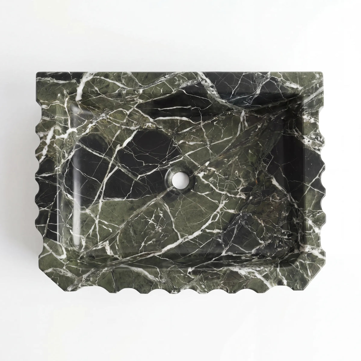 Detailed view of RMD-036 Verdavora green marble vessel sink showing distinctive natural veining