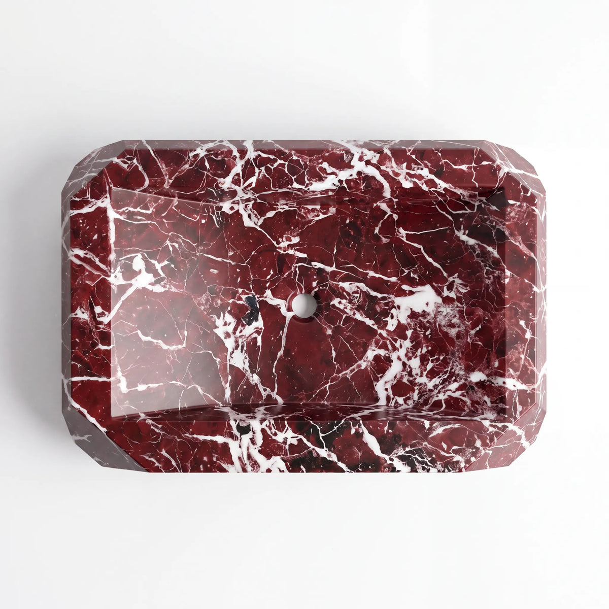 Detailed view of RMD-067 Rossaviera Rosso Levanto marble vessel sink showing rich natural veining