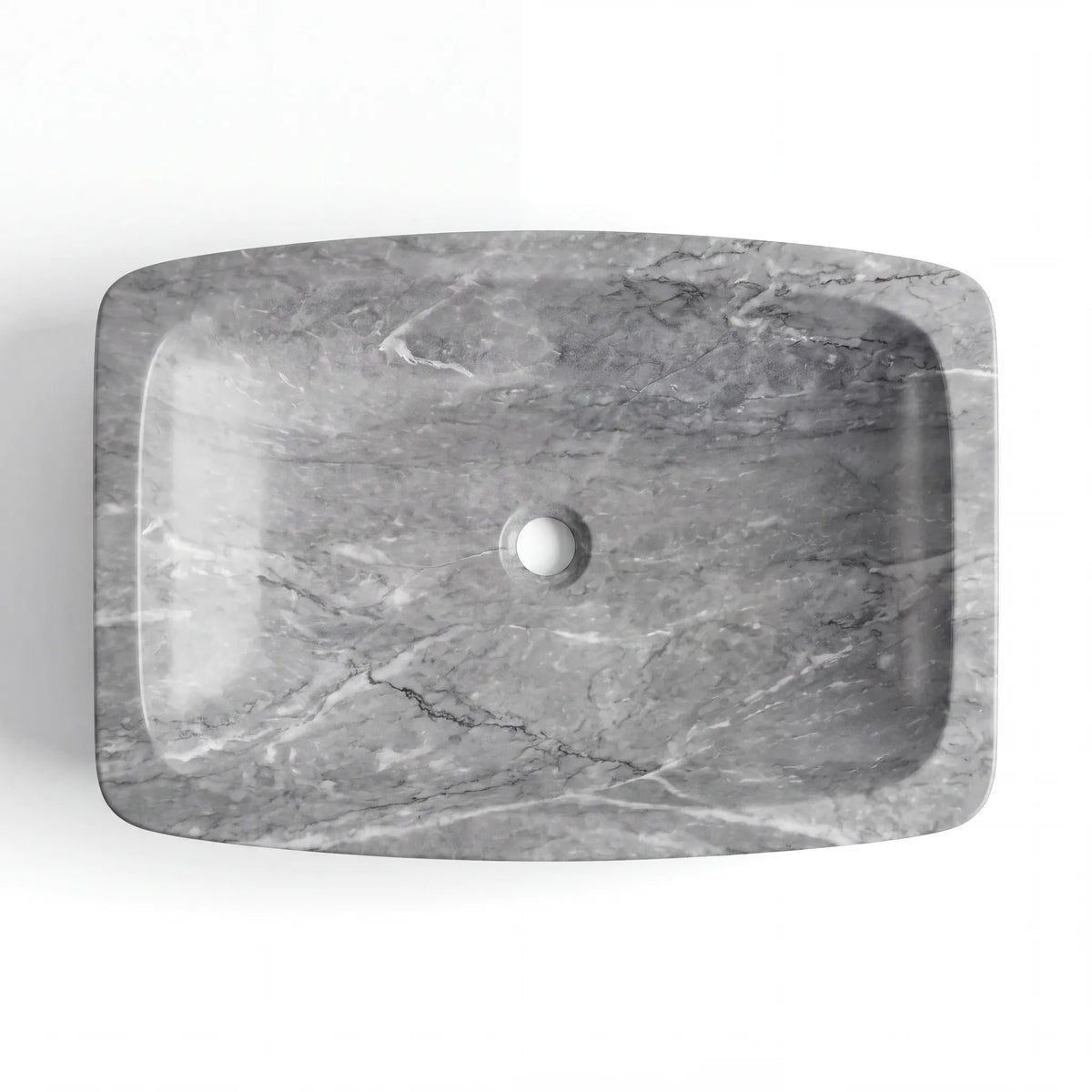 Detailed view of RMD-068 Grivara grey marble vessel sink showing distinctive natural veining