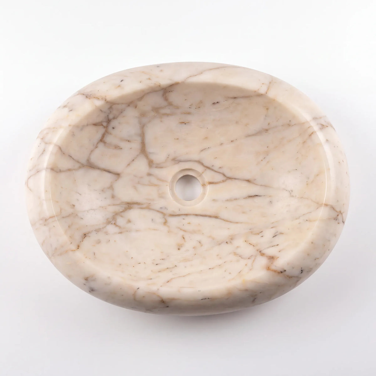 Detailed view of RMD-095 Aurevante Calacatta Gold marble vessel sink showing elegant golden veining