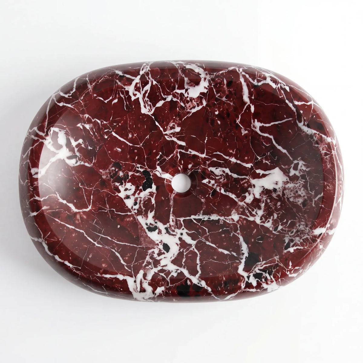 Detailed view of RMD-109 Rossavena Rosso Levanto marble vessel sink showing rich natural veining