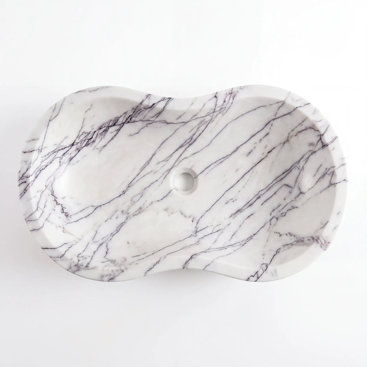 Detailed view of RMD-117 Lilavena Lilac marble vessel sink showing distinctive natural veining