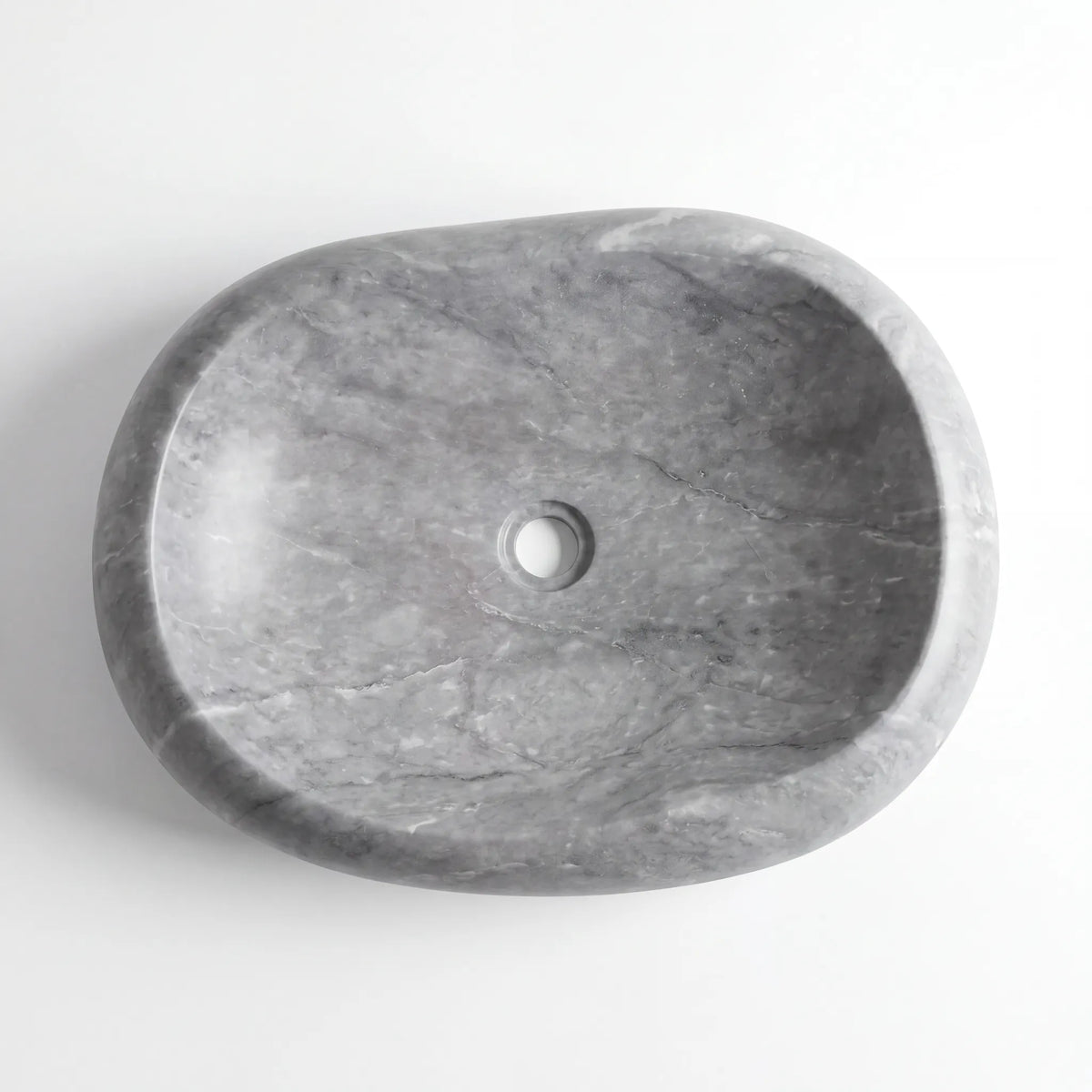 Detailed view of RMD-153 Grivessa grey marble vessel sink showing distinctive natural veining