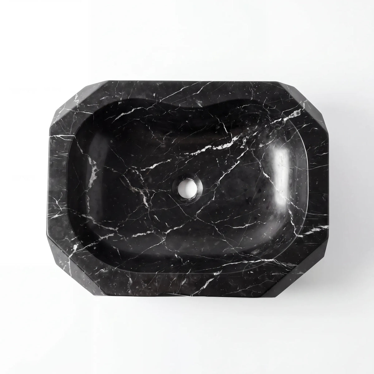 Detailed view of RMD-154 Nerovara Nero Marquina marble vessel sink showing distinctive natural veining